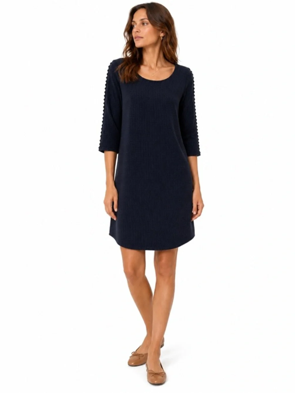MAISON SCOTCH Navy Houndstooth Shift Dress 3/4 Sleeve Textured Chic Sz S - Picture 2 of 5